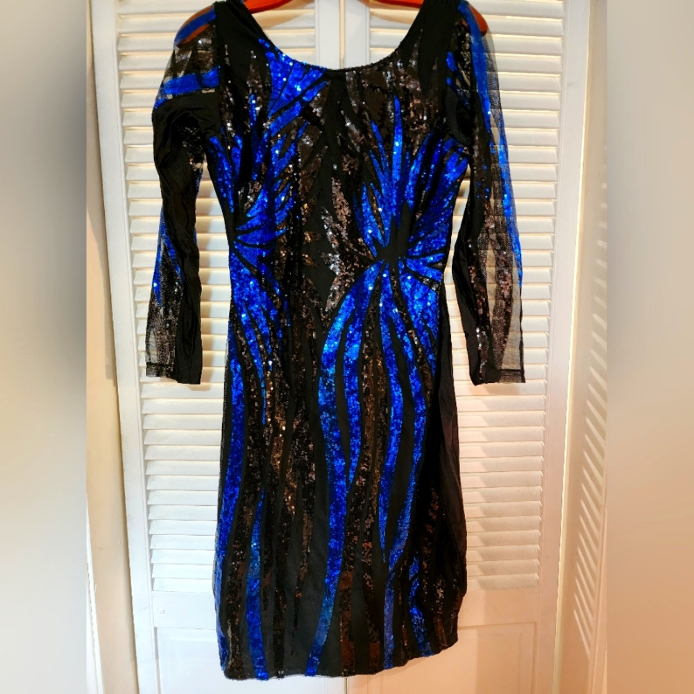 Blue & Black Sequin/Sheer Formal Bodycon Mini Dress 2X